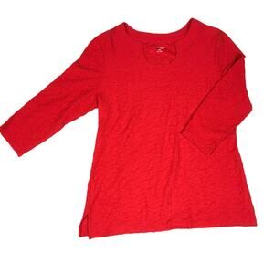 Kim Rogers Top Texture Pullover 3/4 Sleeve Round Notch Neck Red Women's Petite M